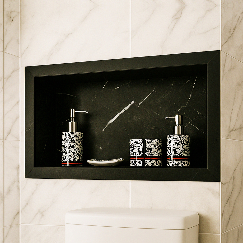 banheiro porcelanato preto e branco industrial