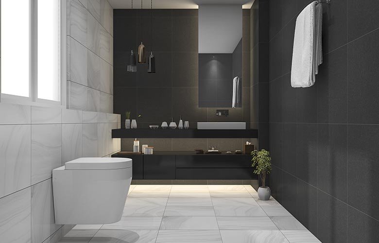 banheiro porcelanato preto e branco com box