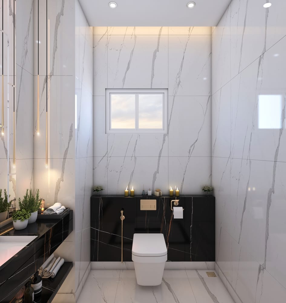 banheiro porcelanato preto e branco marmorizado