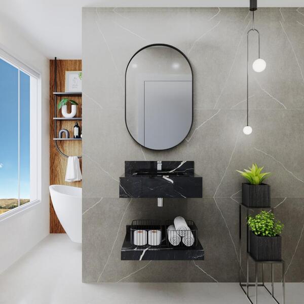 banheiro porcelanato preto e branco com madeira