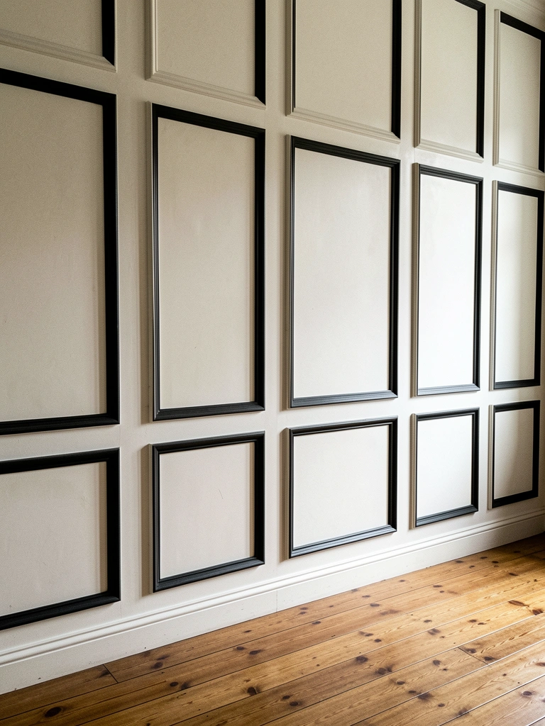 Parede com painéis de boiserie branca em sala de estar, com moldura clássica e iluminação suave