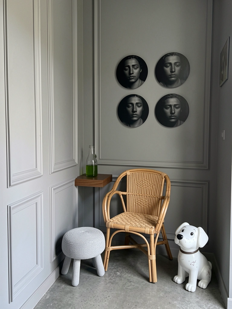 Colagem com recortes de paredes decoradas com boiseries em diferentes ambientes