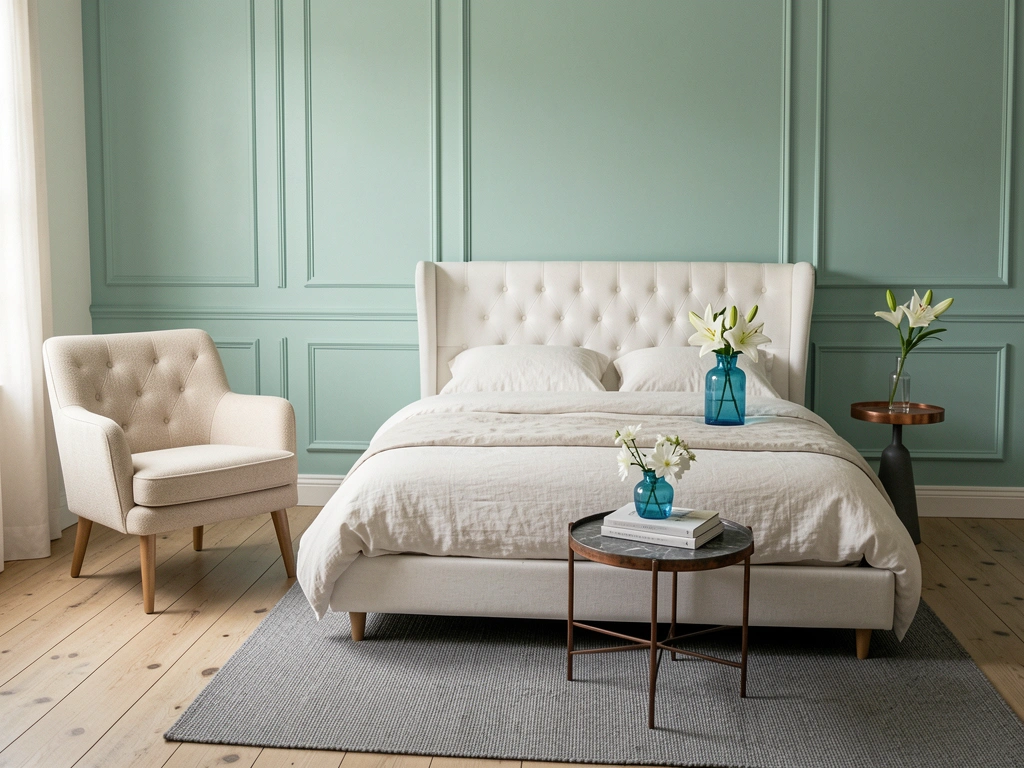 Quarto com parede de boiserie em tons pastel na cabeceira da cama