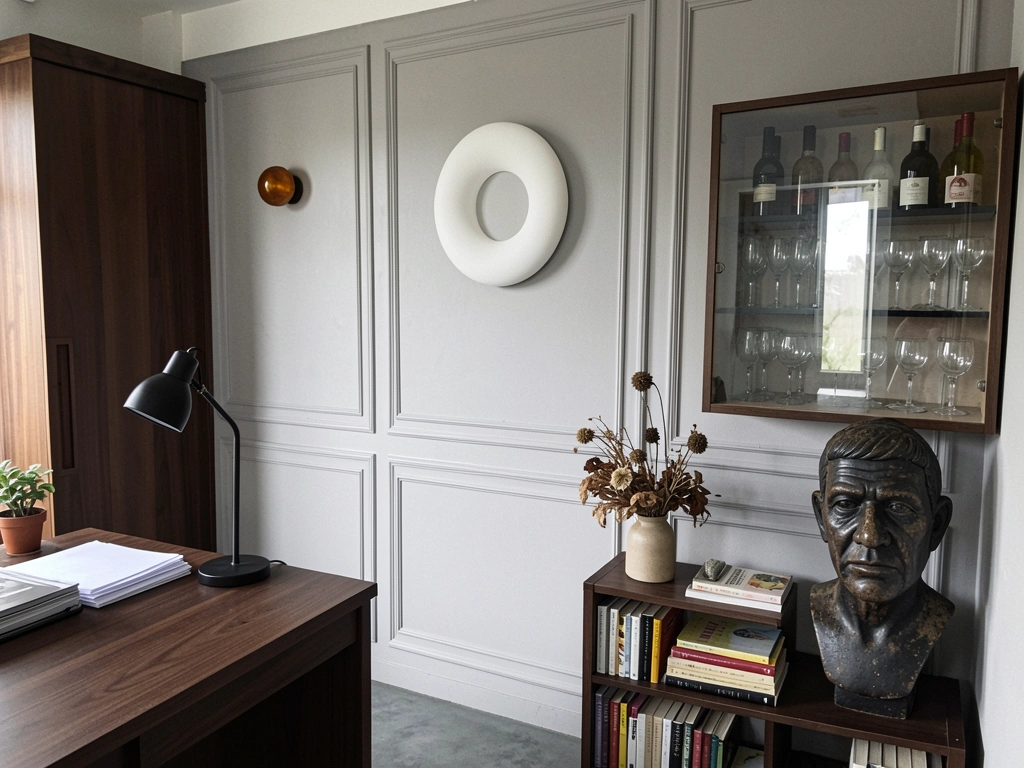 Home office com paredes de boiserie e mesa de madeira clara, iluminação natural lateral