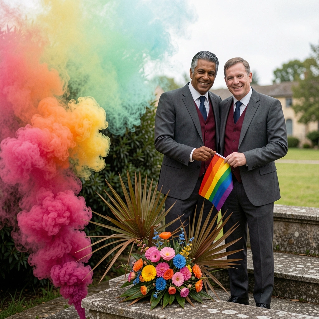 Casal gay sorrindo em altar decorado com flores coloridas e bandeira do arco-íris