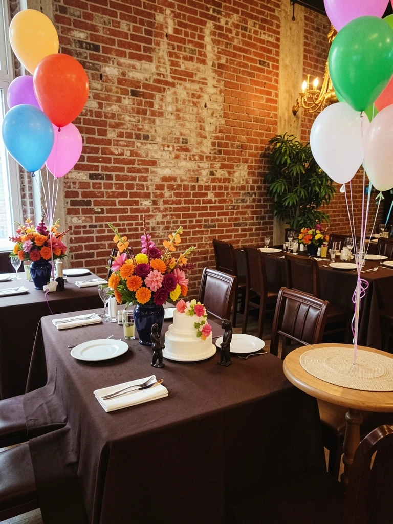 Mesa rústica de madeira com cadeiras elegantes e balões coloridos em tons pastel, em um salão de festas decorado para casamento.