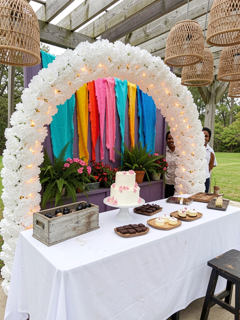 Arco de flores brancas com fita de LED quente em cerimônia ao ar livre, com cadeiras de madeira ao fundo
