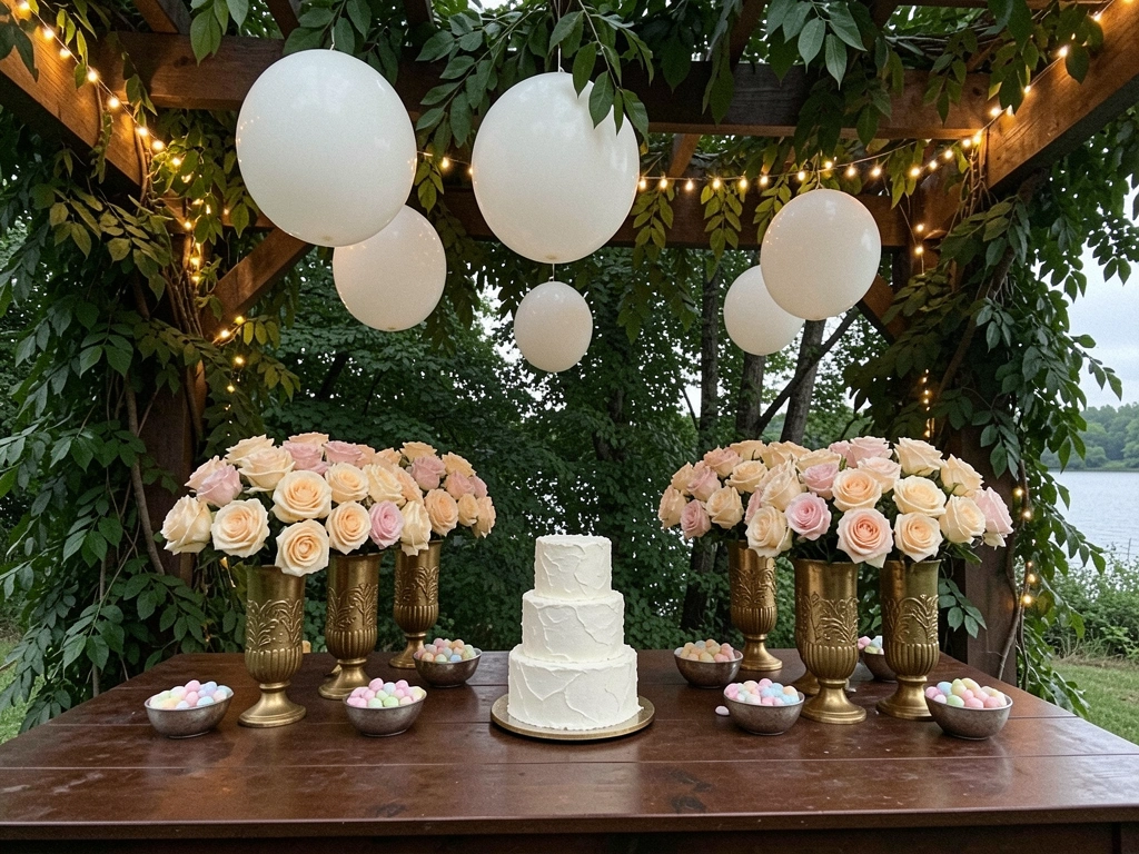 Altar de casamento iluminado por fita de LED quente, com arranjos florais e velas ao redor