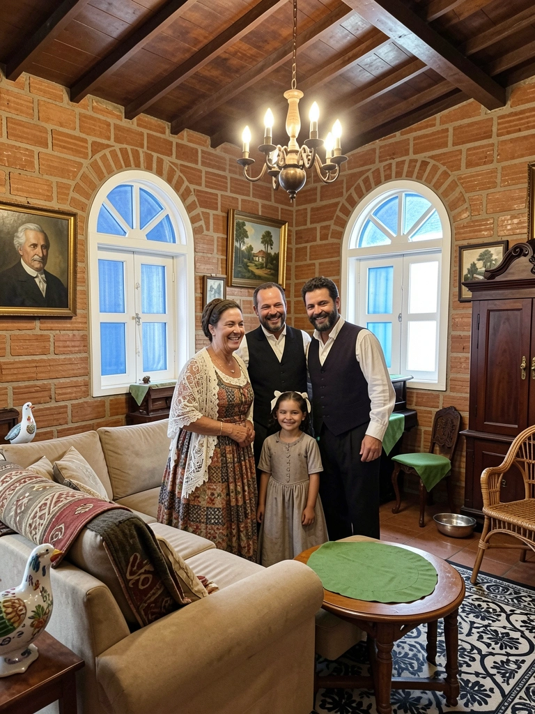 Casarão colonial cercado por engenho, com pessoas em trajes de época