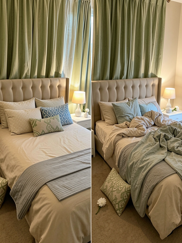 Comparação lado a lado entre cama arrumada e cama bagunçada no mesmo quarto