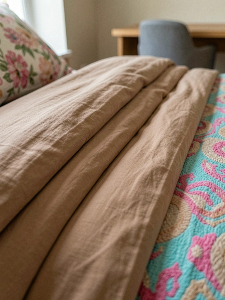 Camadas de tecidos em uma cama, com texturas sobrepostas em tons neutros