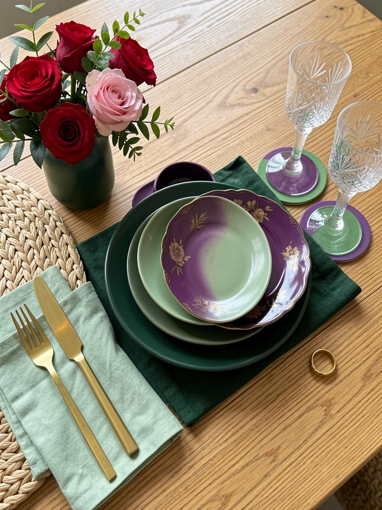 Louça floral de porcelana ao lado de prato moderno sobre mesa
