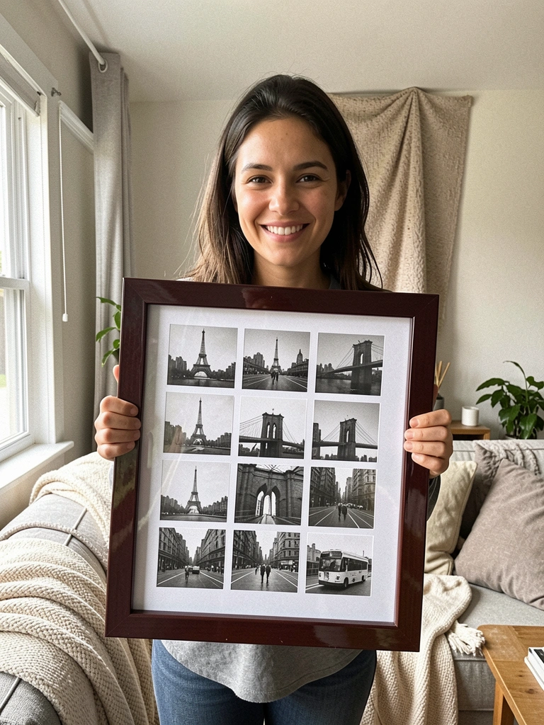Pessoa sorrindo segurando painel de fotos com tecido em ambiente caseiro