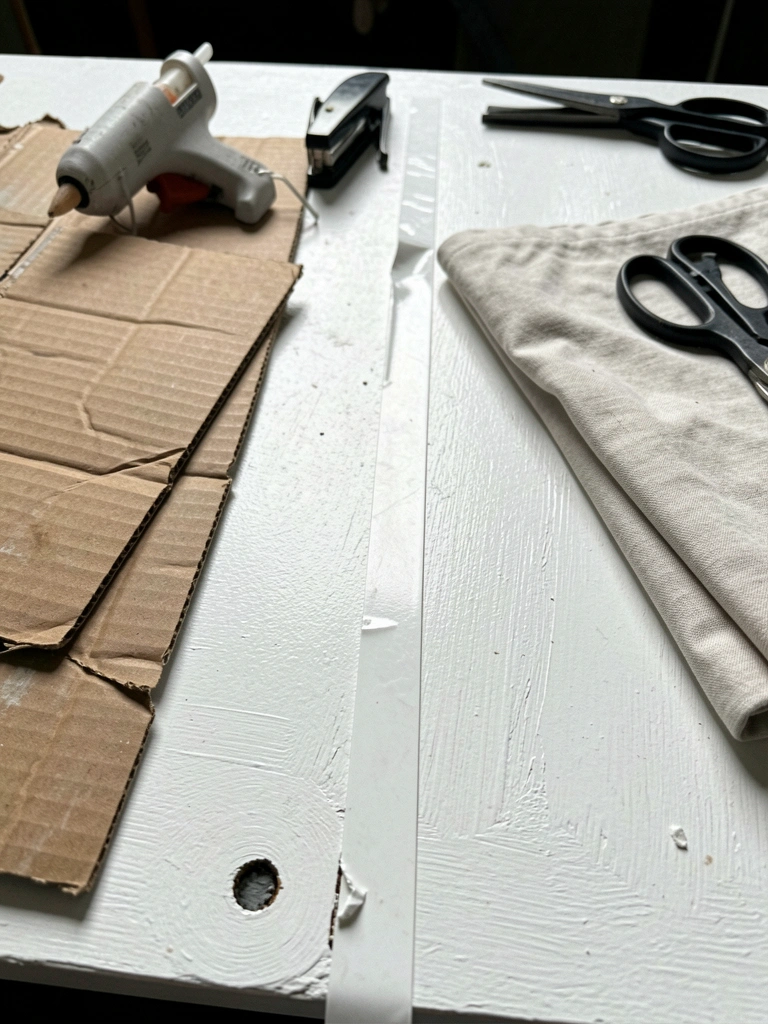 Mesa de trabalho com papelão, tecido, pistola de cola, grampeador e tesoura