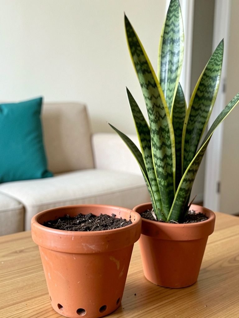 Vaso de barro com furos de drenagem ao lado de planta espada de São Jorge