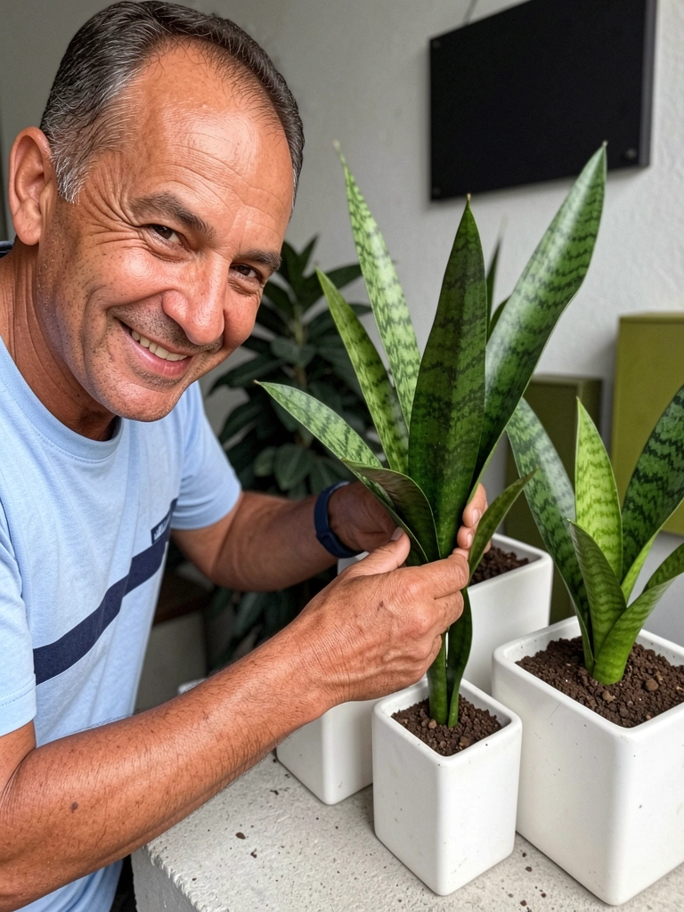 Três vasos de tamanhos diferentes com plantas de espada de São Jorge alinhados sobre uma superfície neutra