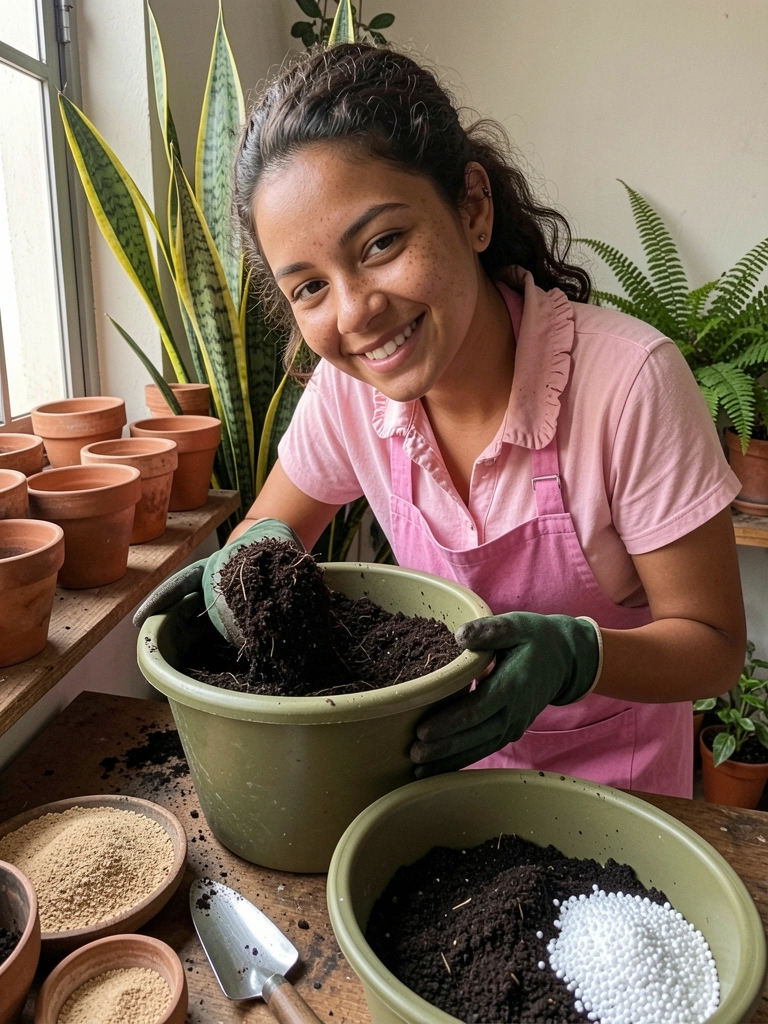 Terra vegetal, areia e perlita em uma vasilha de mistura, com uma pá ao lado