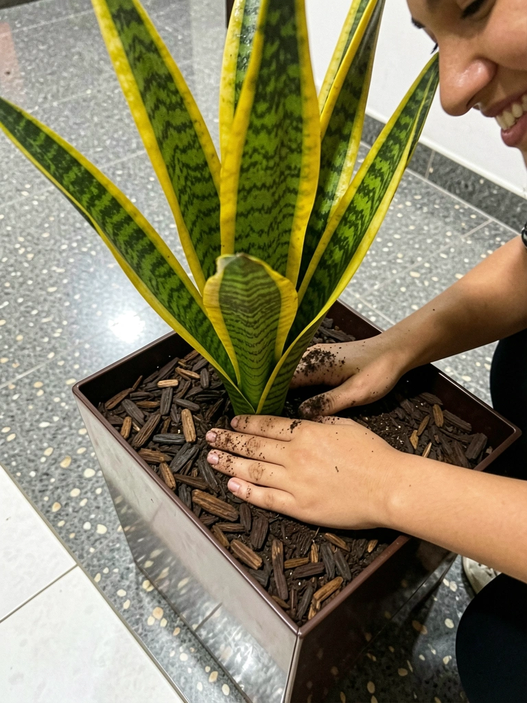 Mãos plantando espada de São Jorge em vaso com substrato