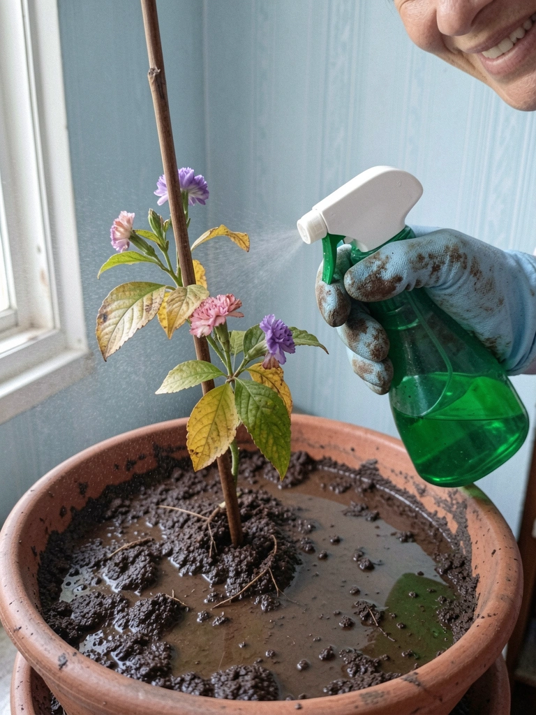 Muda de cravo em vaso com folhas amarelas e terra encharcada