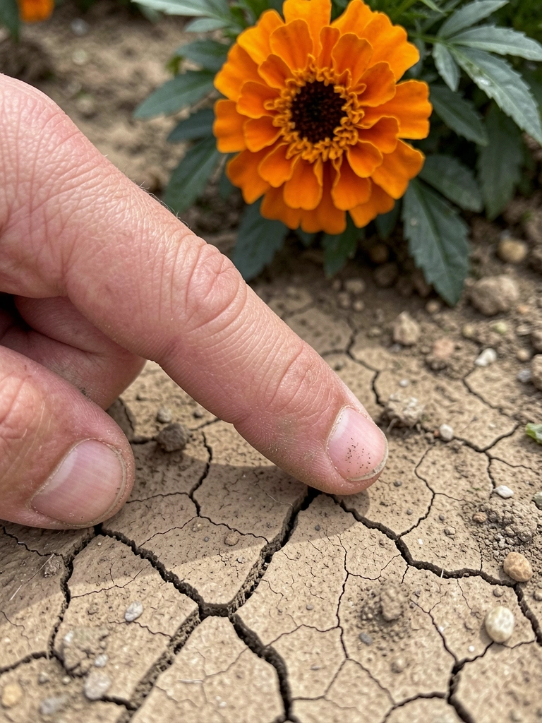 Dedo indicador tocando a superfície de terra seca e rachada