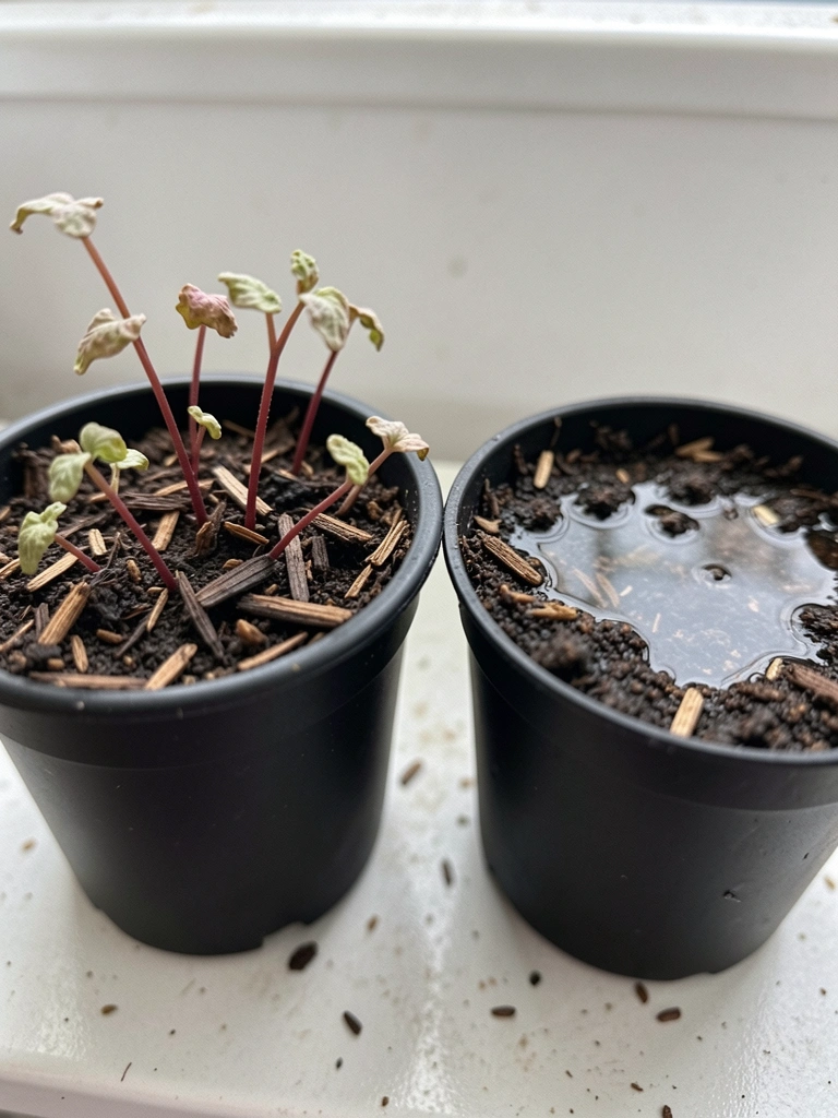 Dois vasos lado a lado, um com terra úmida e outro com água acumulada na superfície
