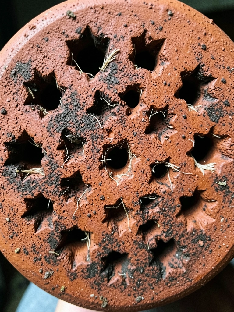 Vaso de cerâmica visto por baixo, com furos de drenagem no fundo