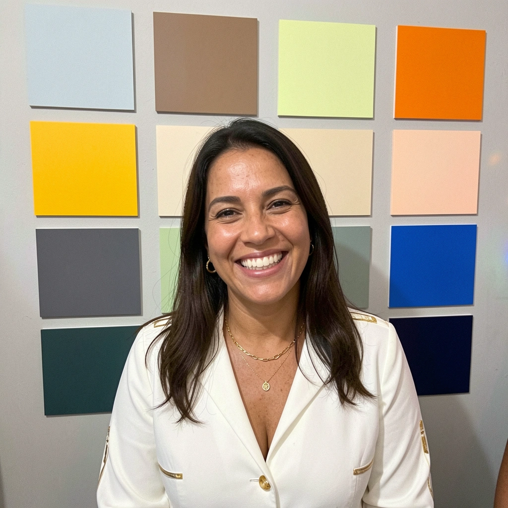 Mulher sorridente vestida de branco com detalhes dourados em festa de ano novo, segurando taça de espumante