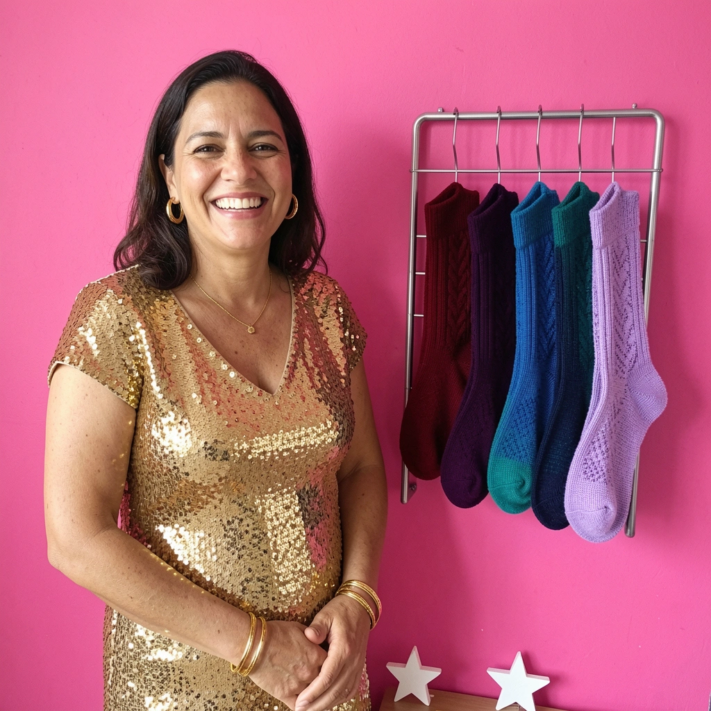 Vestido longo dourado com brilho, acessórios e sandálias douradas sobre fundo neutro