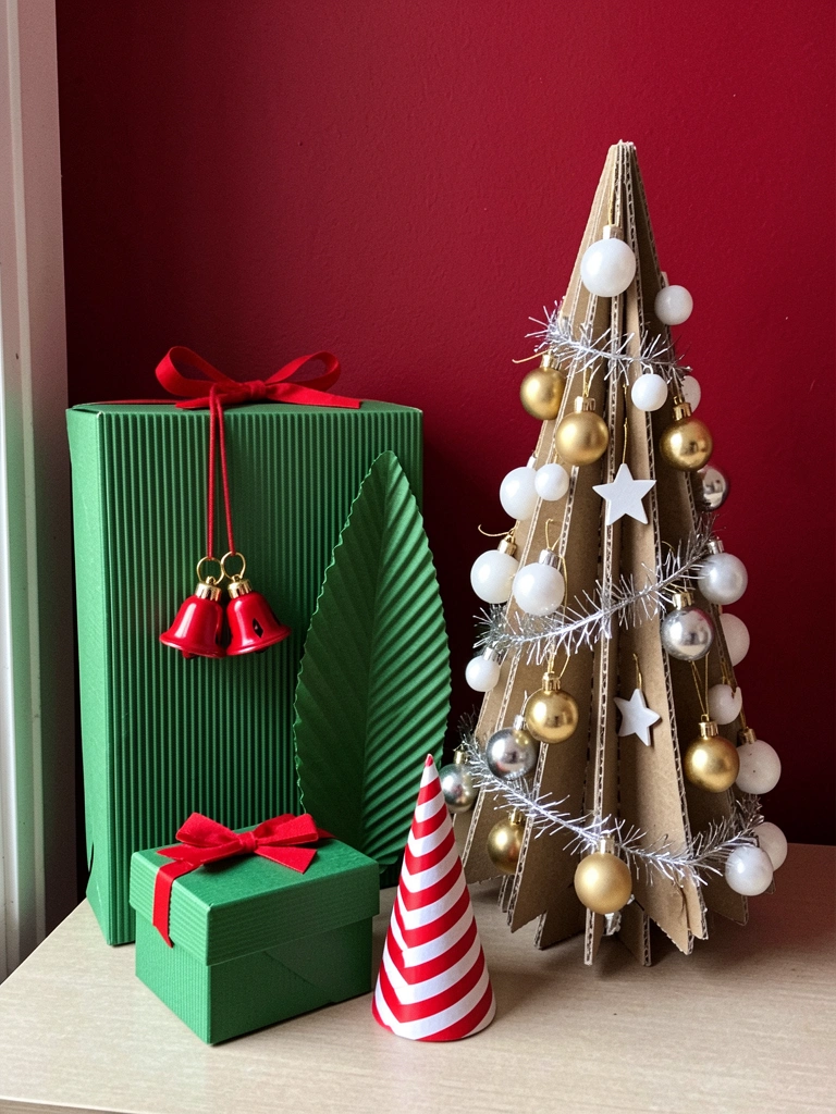 Árvore de Natal decorada com ornamentos dourados, brancos e prateados, com luzes suaves ao fundo.