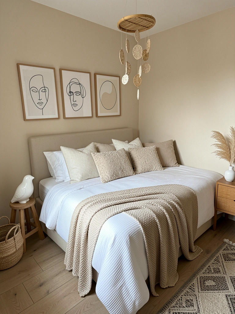 Quarto com paredes bege suaves e cama aconchegante com roupas de cama claras