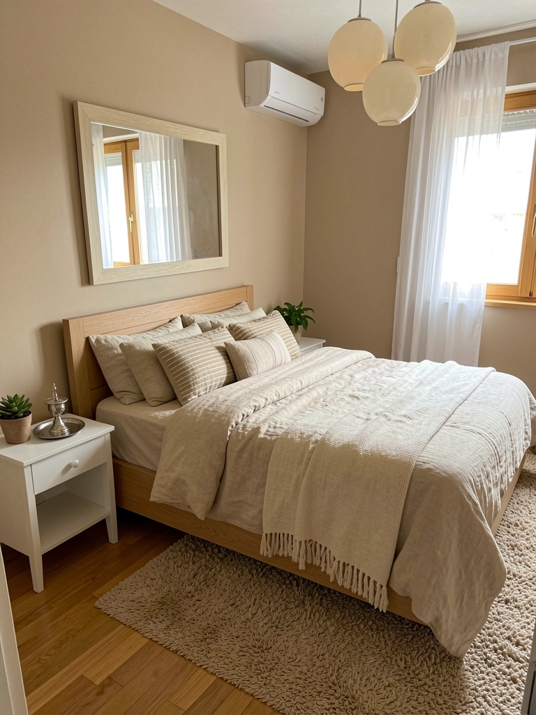Quarto com paredes bege, cama de madeira e roupa de cama de linho natural