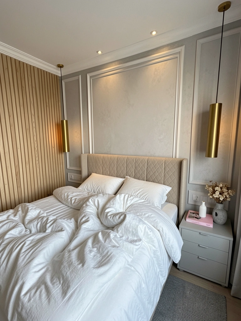 Quarto de paredes cinza-claro com molduras brancas e roupa de cama macia em tons neutros