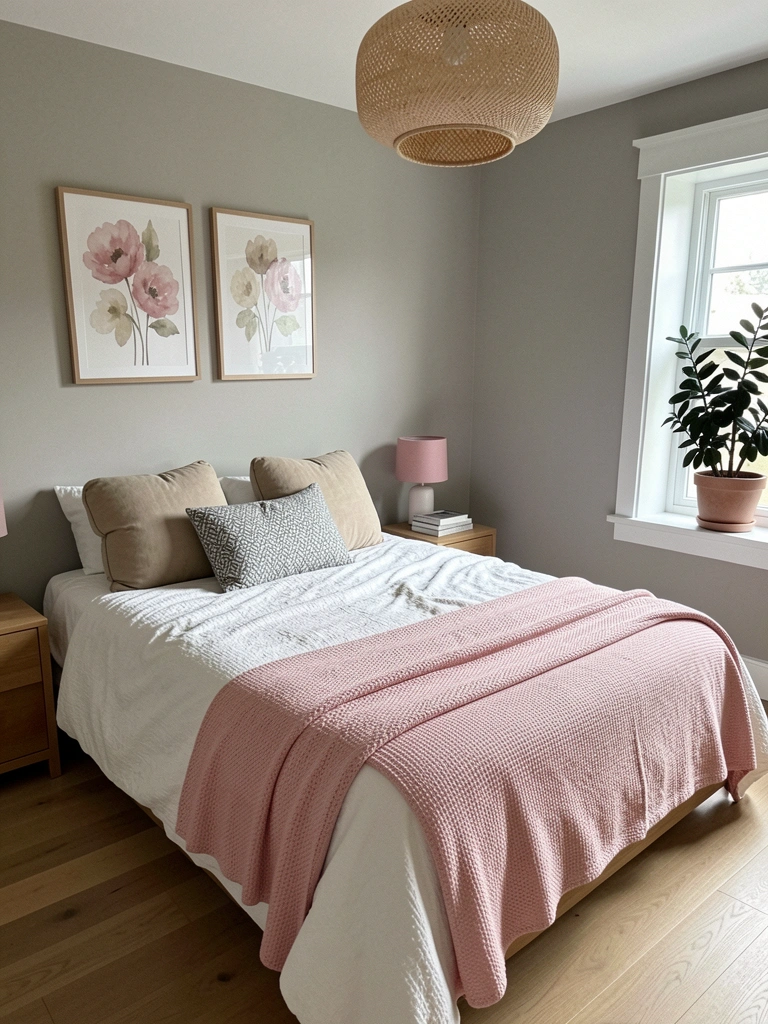 Parede em tom greige em quarto moderno com decoração minimalista