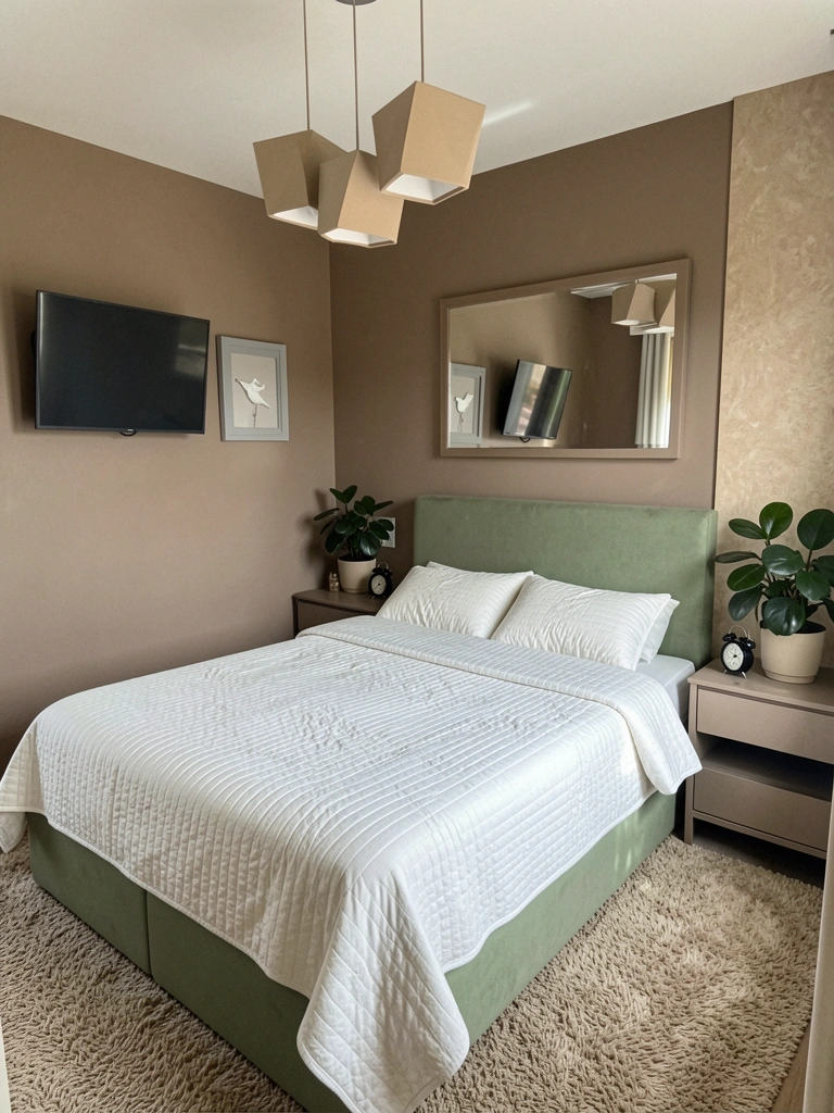 Moodboard com tons terrosos neutros, verde sálvia e taupe, com amostras de tecidos e tintas