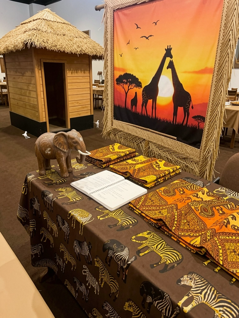 Mesa com caderno aberto, lista de convidados e amostras de tecido africano colorido