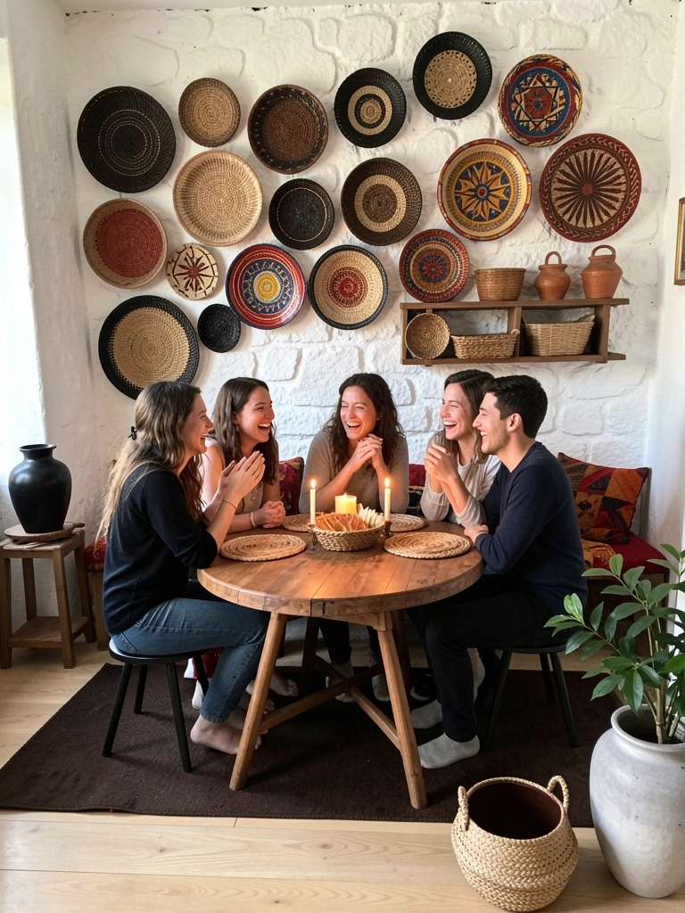 Grupo de pessoas sentadas ao redor de uma mesa redonda com palha e velas acesas.