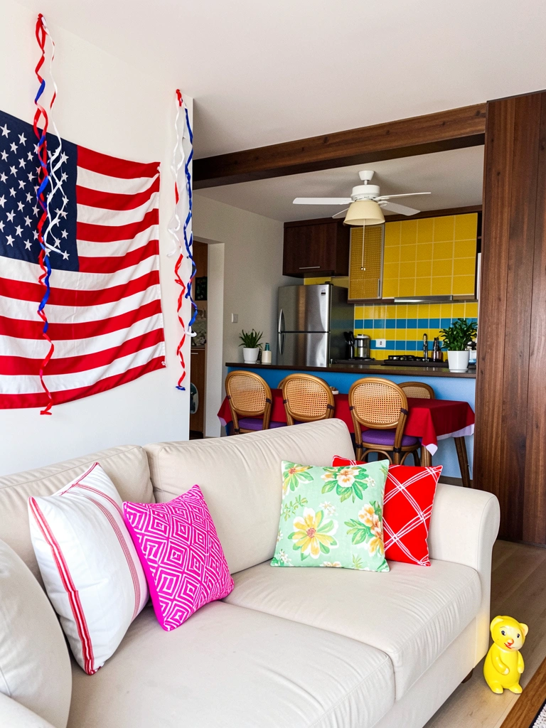 Bandeira dos Estados Unidos pendurada em parede decorada com balões e faixas