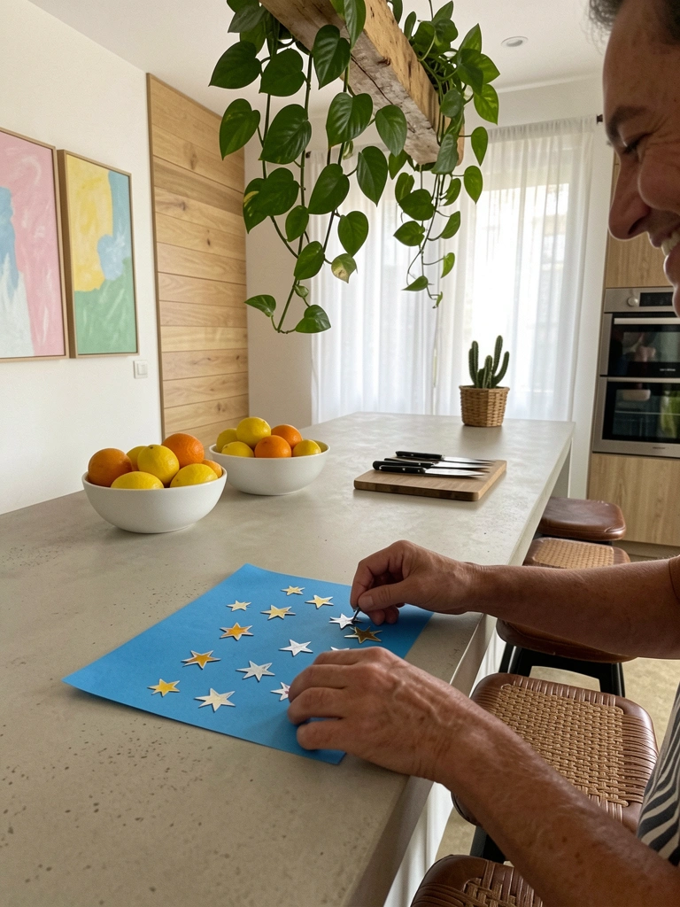 Mãos montando um painel de estrelas de papel sobre fundo azul