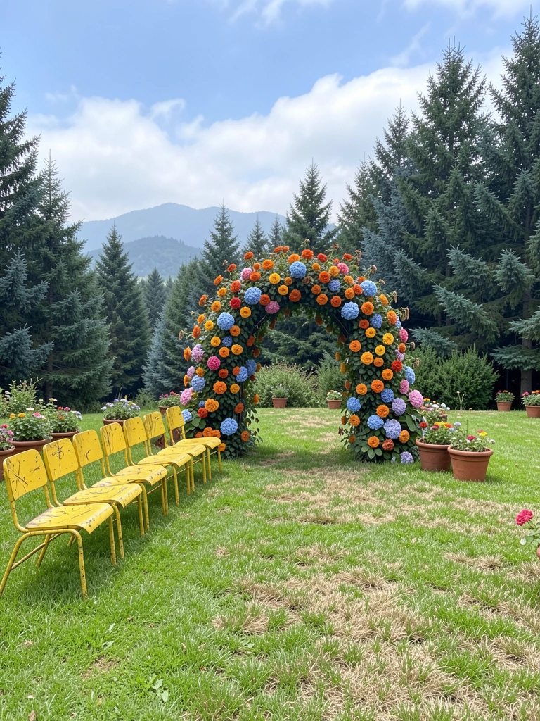 Jardim ensolarado com vasos de flores coloridas e cadeiras de alumínio ao redor de uma mesa