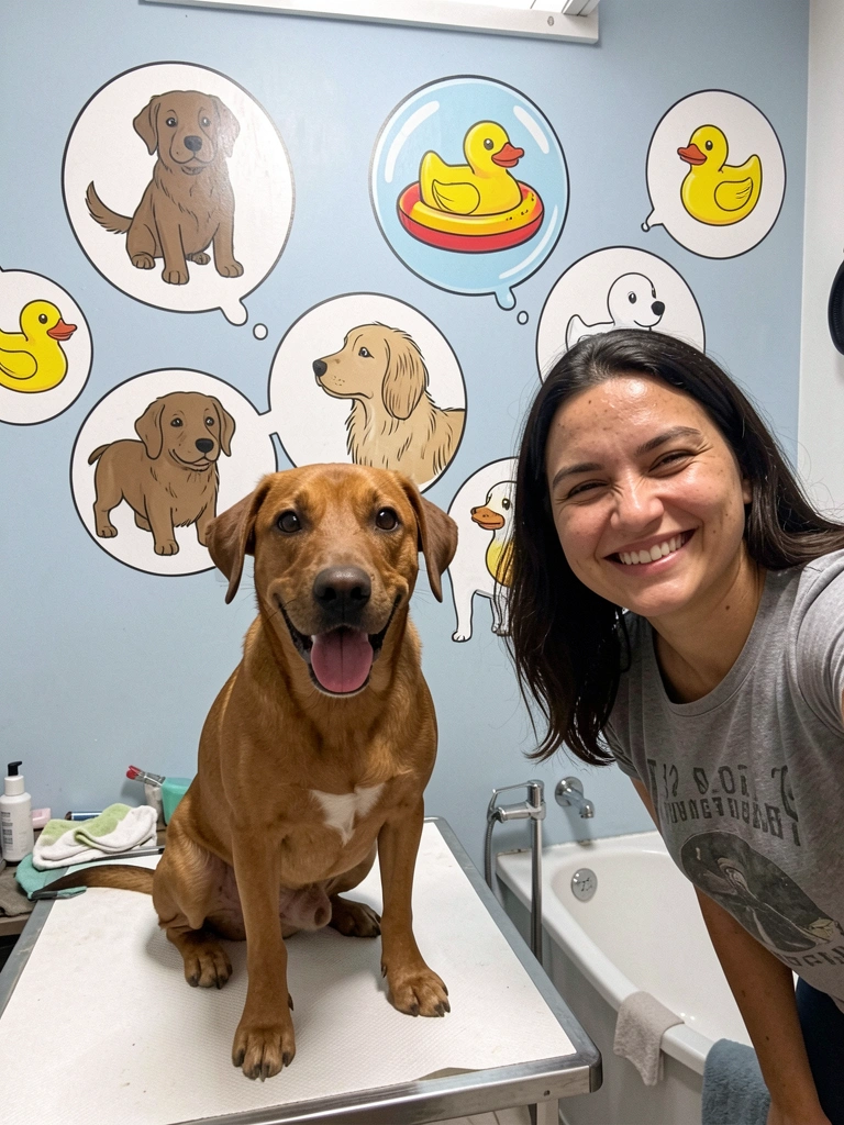 Mesa de tosa com cachorro feliz e tutor sorrindo em sala de banho e tosa decorada