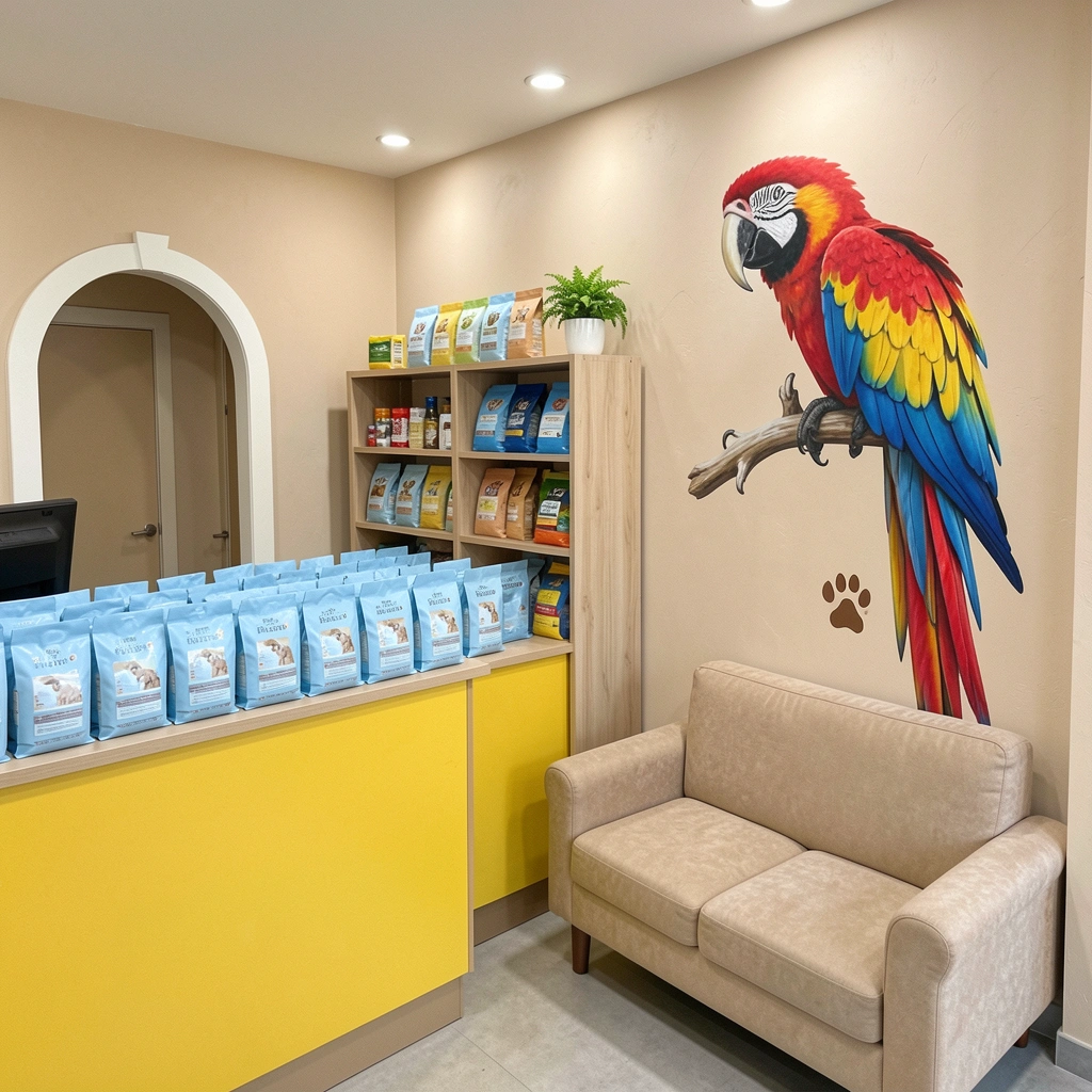 Sofá pequeno em área de recepção com parede decorada por painel de cachorros
