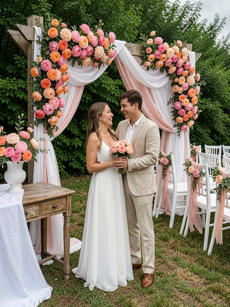 Casal sorridente diante de arco de madeira com flores brancas e verdes em jardim