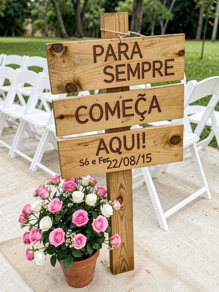 Mesa rústica de madeira com centro de mesa de flores do campo em ambiente externo