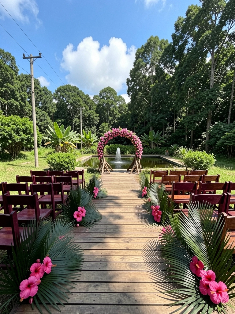 Campo aberto com altar rústico de madeira e cadeiras simples dispostas em fileiras