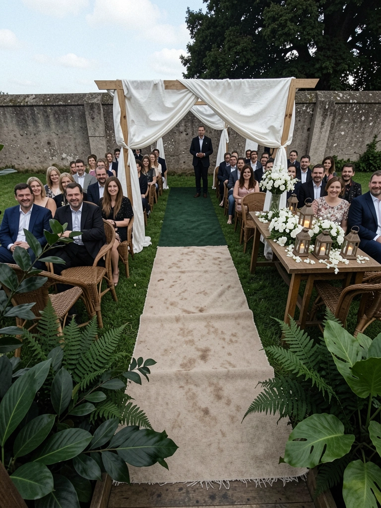 Vista aérea de altar de casamento ao ar livre com mesa decorada e iluminação suave