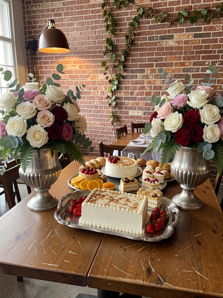 Mesa de restaurante decorada com arranjos de flores para casamento, cadeiras ao redor