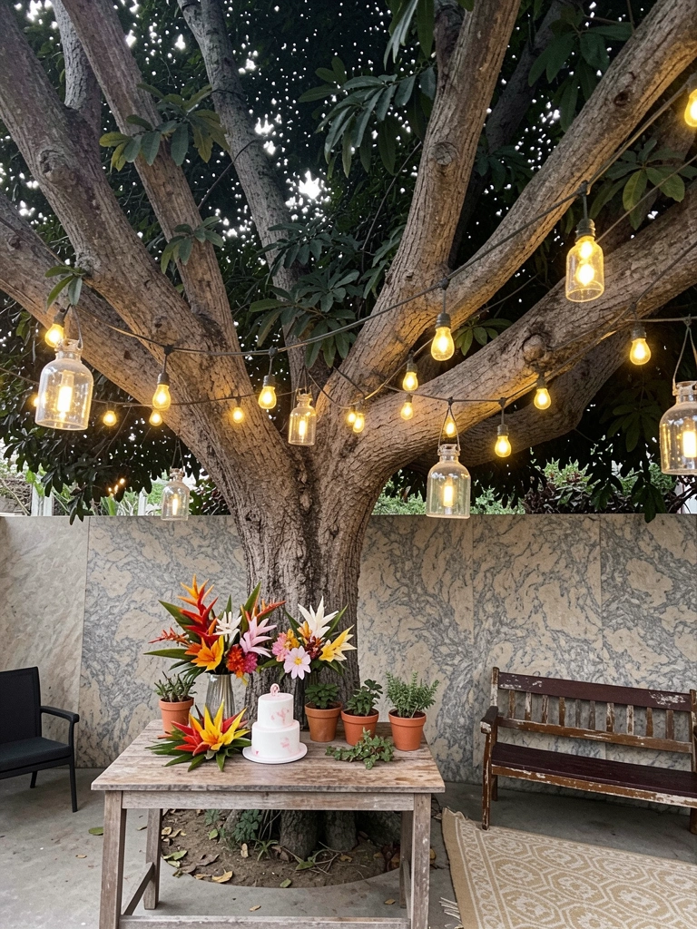 Lanternas de vidro com LED penduradas em galhos de árvore, com cordões de luz ao fundo