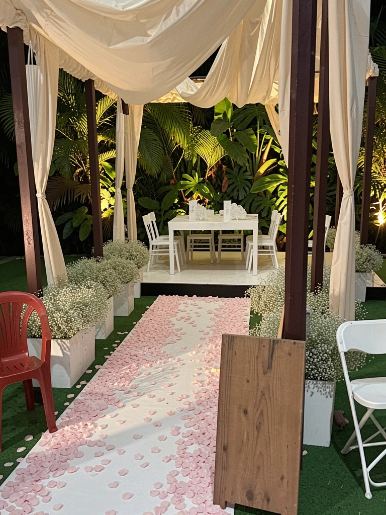 Mesa de casamento rústico com sinalização de madeira, porta-guardanapos de renda e marcadores de lugar