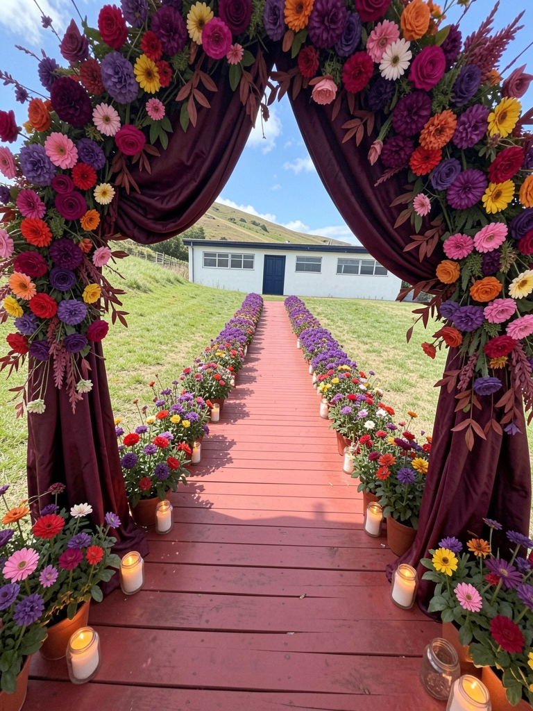 Arcos florais e velas decoram a entrada de uma cerimônia ao ar livre