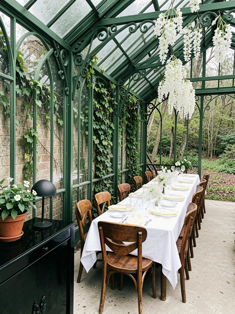 Sala rústica com parede de tijolos aparentes, móveis de madeira e plantas em vasos